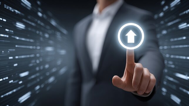 Man reaching glowing business icon in virtual space marketing strategy visualization success target environment dynamic graph perspective