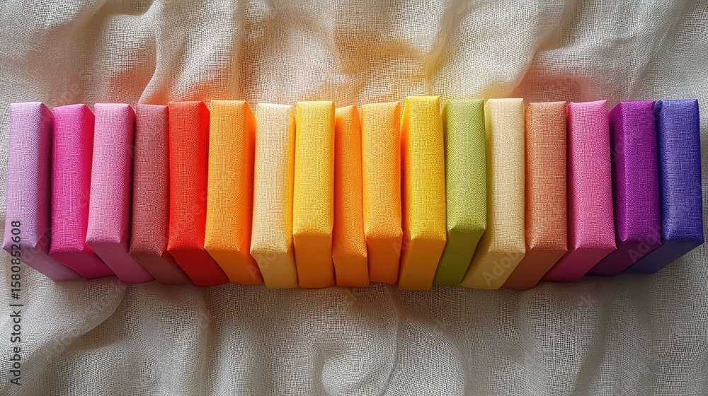 Poster a row of colorful gift boxes arranged in gradient order on a neutral fabric background, illuminated 