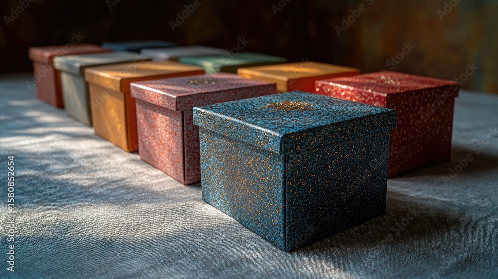 Poster a row of colorful gift boxes arranged in gradient order on a neutral fabric background, illuminated 