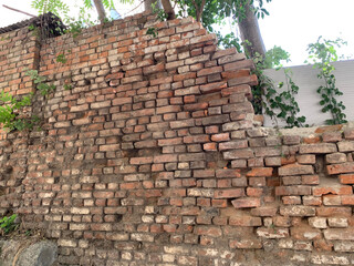 Wall of brick, old, damaged brick wall with uneven, crumbling bricks and signs of ageing, plants sprouting through cracks, trees peeking out from behind wall - nature reclaiming space