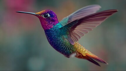 Fototapeta premium Hummingbird Flying with Colorful Feathers