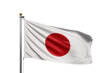 Japanese flag with red sun disc on white fabric flowing in breeze, isolated on a transparent background