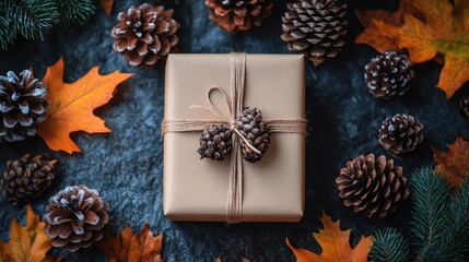 A single gift box wrapped in kraft paper and tied with twine, surrounded by pine cones and autumn leaves