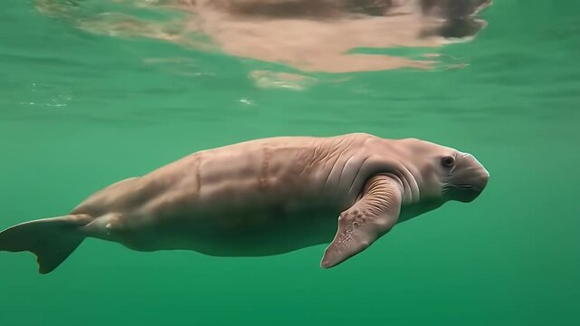 Graceful Dugong Swimming in Clear Green Tropical Waters, Reflecting on the Surface &ndash; Endangered Marine Mammal in its Natural Underwater Habitat