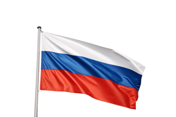 Russian tricolor flag flying on pole, white blue red bands in horizontal layout, isolated on a transparent background