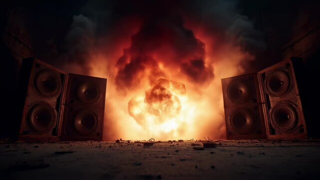 Powerful underground scene featuring large audio speakers at the center of a fiery explosion with a low vantage point that amplifies the feeling of chaos and raw intensity in a dimly