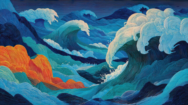 Vibrant ocean wave pattern, Japanese traditional watercolor style