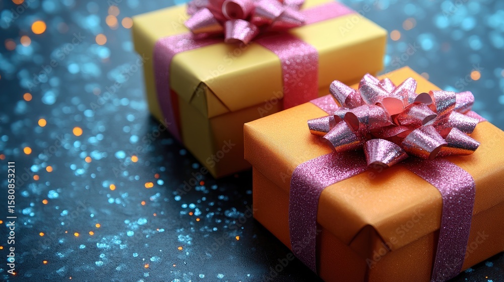Poster creative composition of three identical gift boxes lined up diagonally on a monochrome surface with 