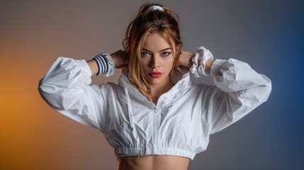 Stylish Model in Sporty Jacket Against Gradient Background