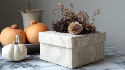 Elegant gift box with textured wrapping paper and dried flowers on top, placed on a marble surface with minimal props