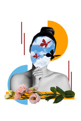 Sketch design trend 3D photo collage of surreal concept crazy modern portrait young lady hand hold...