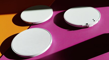 White wireless chargers studio shot, sunlight, colorful background, tech product