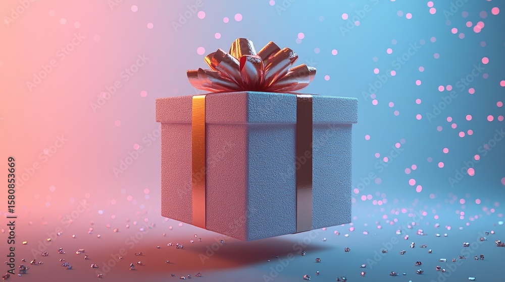 Poster suspended gift box mid-air against a soft gradient background, appearing as if floating in minimal s