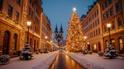 Obraz premium Picturesque winter scene featuring beautifully decorated Christmas tree adorned with red ornaments, surrounded by snow covered buildings