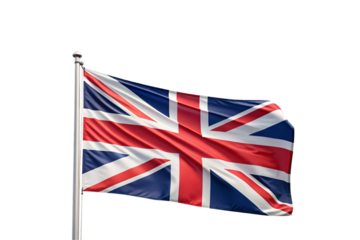 British Union Jack flag with red white blue cross pattern waving gracefully, isolated on a transparent background