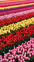 Vibrant tulip fields display stunning array of colors, including red, pink, yellow, and purple, creating picturesque floral landscape