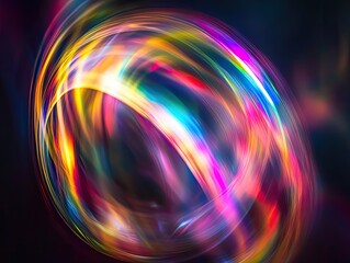 Abstract vibrant oval shape with swirling, luminous bands of color against a dark background