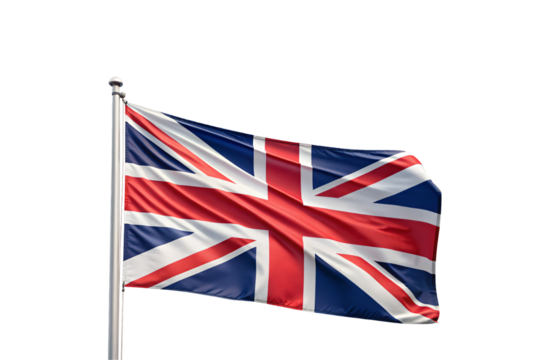 British Union Jack flag with red white blue cross pattern waving gracefully, isolated on a transparent background