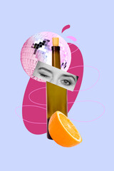 3d vertical art collage of female eyes wink wine bottle celebration pub event orange slice friday...