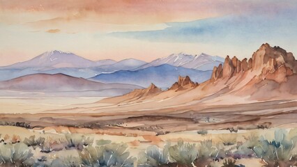 Naklejka premium A watercolor vista showcases a desert landscape with rugged rock formations and distant snowcapped mountains