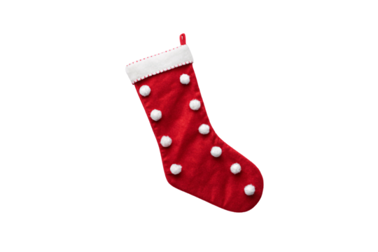 Red polka dot Christmas stocking with white pom poms and red hanging loop, isolated on a transparent background