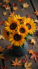 Bright sunflowers in textured vase surrounded by autumn leaves create warm, inviting atmosphere