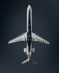A commercial passenger airplane viewed directly from above against a dark, gradient background. The...