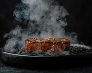 Perfectly seared steak on a hot griddle, rising smoke
