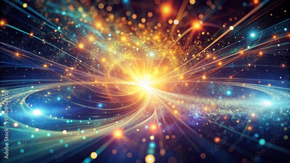 Poster abstract cosmic energy streams converge at a luminous core, displaying a vibrant spectrum of light a