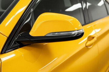 Close-up of yellow car side mirror with modern design