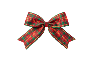 Red and green tartan plaid ribbon bow with traditional Scottish pattern, Christmas decoration element, isolated on a transparent background
