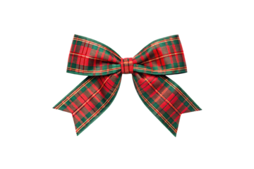 Red and green tartan plaid ribbon bow with woven Scottish design, Christmas wrapping decoration, isolated on a transparent background