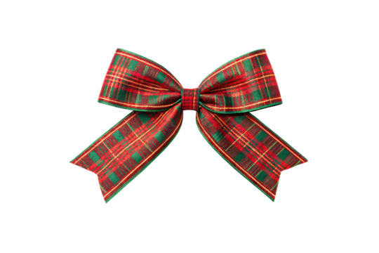 Red and green tartan plaid ribbon bow with traditional Scottish pattern, Christmas decoration element, isolated on a transparent background