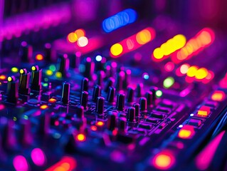 Close-up of a DJ mixer, vibrant colored lights