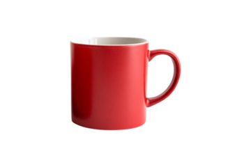 Single red ceramic mug displayed alone against minimalist white background setting, isolated on a transparent background