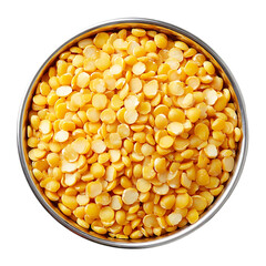 Yellow split peas in a metal bowl a top view