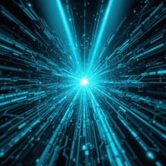 the image displays a network of glowing, turquoise colored lines stretching out from a central point of light. these fine lines appear to resemble a circuit board or some kind of digital pathway