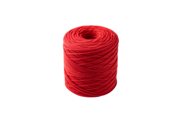 Red rope coil in neat circular bundle, thick twisted fibers for heavy-duty applications, isolated on a transparent background