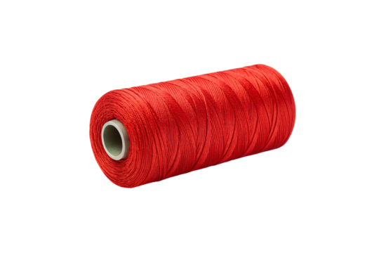 Red thread spool with cardboard core, tightly wound synthetic fiber for sewing and crafts, isolated on a transparent background