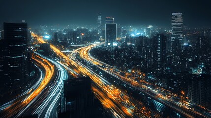 Obraz premium Cityscape Night View With Highway Traffic Long Exposure And Modern Architecture