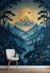 the image is a scenic backdrop featuring a majestic mountain range under a large luminous sphere in the sky, with birds silhouetted against the bright orb