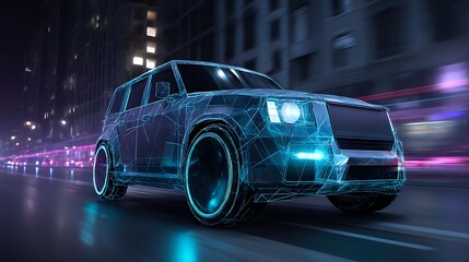 Futuristic Car Driving in City at Night