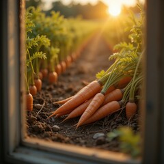 the photograph captures a view of a freshly cultivated field through a frame. in the foreground, a cluster of vibrant orange root vegetables with green leafy tops sits atop the rich brown soil