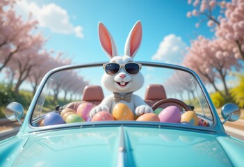 in a cheerful scene set against a blue sky and flowering trees, a cartoon bunny wearing sunglasses and a bowtie drives a light blue convertible