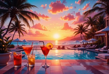 the image depicts a vibrant scene at a beachside resort during a sunset. various glasses of beverages sit on a tiled ledge overlooking a turquoise pool, with lounge chairs arranged alongside