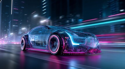 Futuristic Car Driving in City at Night