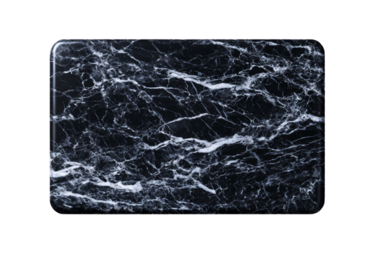 A black and white marble table with a white border