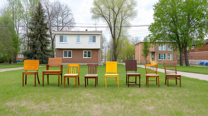 Row of diverse wooden chairs on grass in suburban garage sale