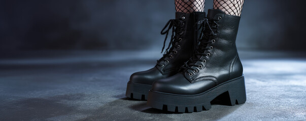 Black leather boots with chunky soles are worn by a person standing on a textured surface. Fashion and footwear