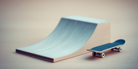 A small skateboard is placed next to a mini skate ramp on a smooth surface. Miniature skateboarding concept, play, creativity